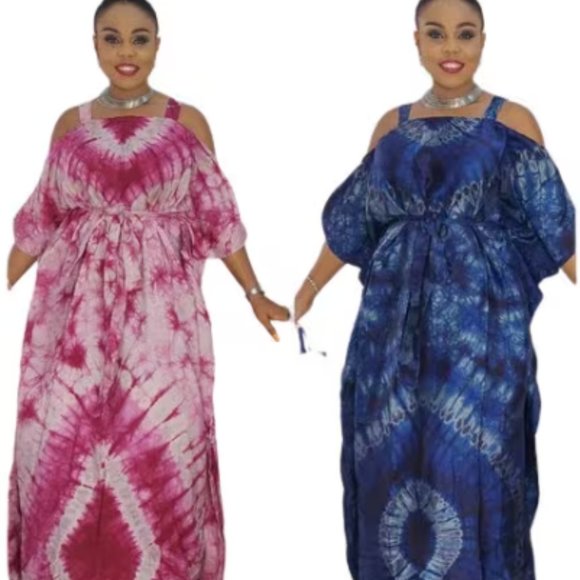 Belted Cold shoulder silk Adire Boubou dress - One size - Ready to ship - Picture 4 of 4